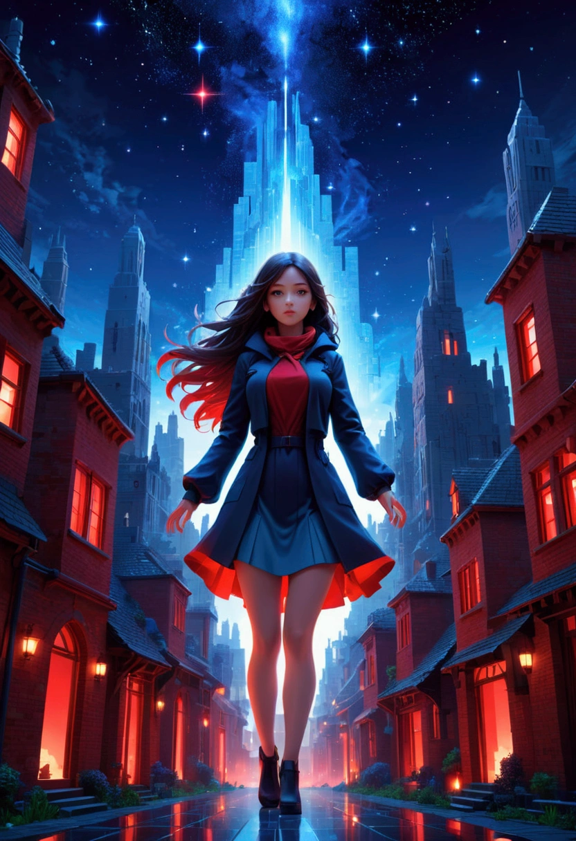 night,Beautiful girl with blue gradient dissolving pixels, 3D Voxel Blocks, A structure that was initially intact but gradually disintegrated in the air, Starry Sky,fantasy,magic,mystery,illusory,Dreamy,(Inverted red symmetrical city silhouette in the sky:1.2), Dramatic lighting,high quality,Octane Rendering,Concept map of the scene,