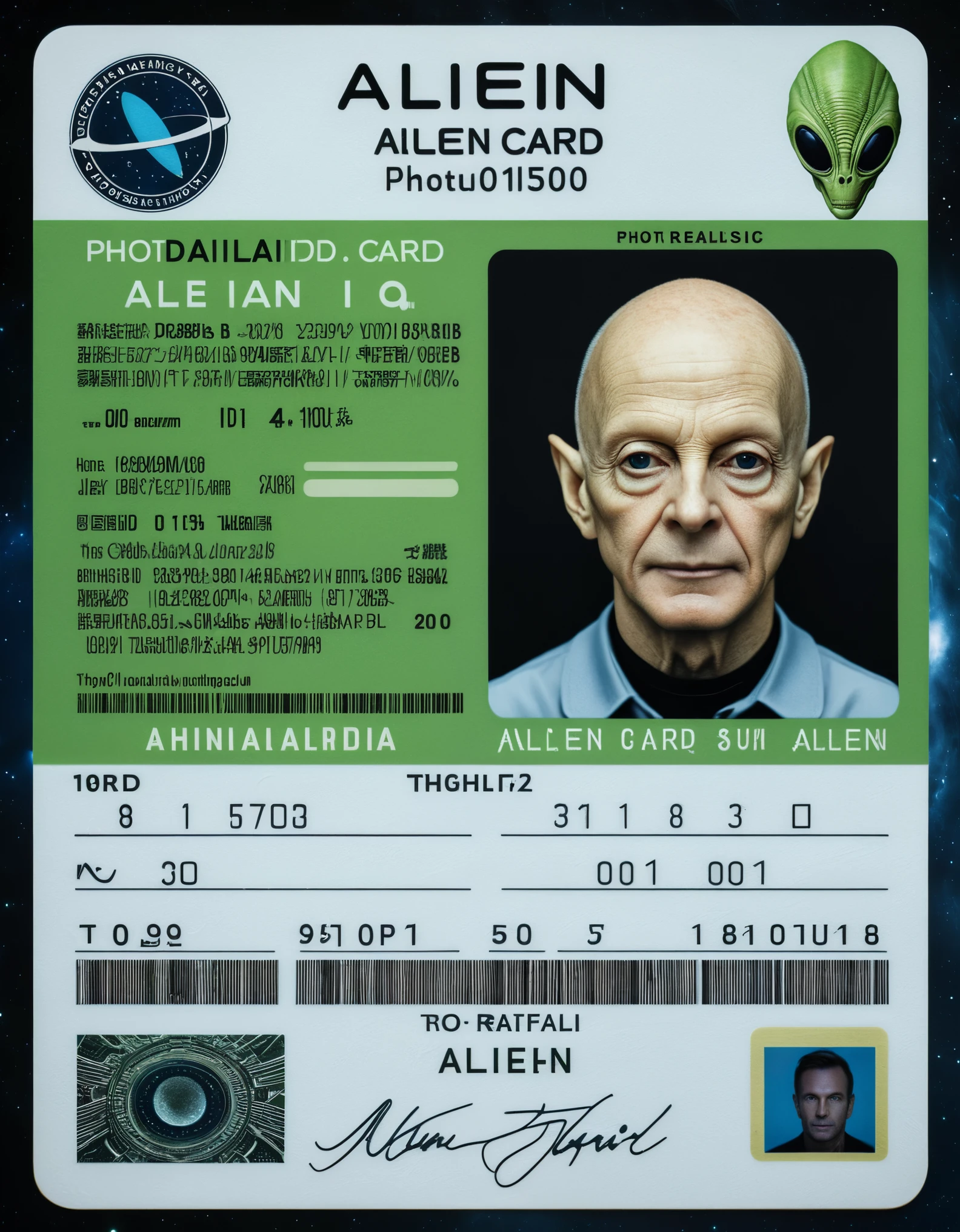 a Alien holding a student card,<lora:seemycard3:0.8>