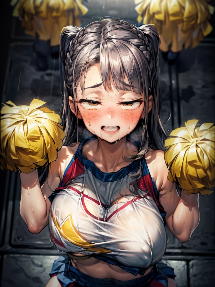 (Very tiny girl rides guy perfectly:1.5)、(Petite girl riding:1.3)、(Big Breasts:2)、(eyes half closed:1.9)、(Grin:1.1)、(tears:1.2)、(The body shakes violently)、8K resolution、 ((Highest quality))、Anatomically correct、(Cheerleader:1.9)、((Hasselblad Photos))、[:(Detailed face:1.2):0.2]、(heavy rain:1.5)、(Sweaty:1.6)、((Top view:1.9))、(braid one's hair:1.5)、(Loss of strength from the body:1.3)、(呻吟)、(Jump:1.6)、(Surrounded by a lot of middle-aged men:1.6)、((Upper Body:1.9))、(Leaning forward:1.6)、(rape:1.3)、(shame:1.3)、(Groping the chest:1.6)、(Short bangs:1.3)、(Hug:1.9)