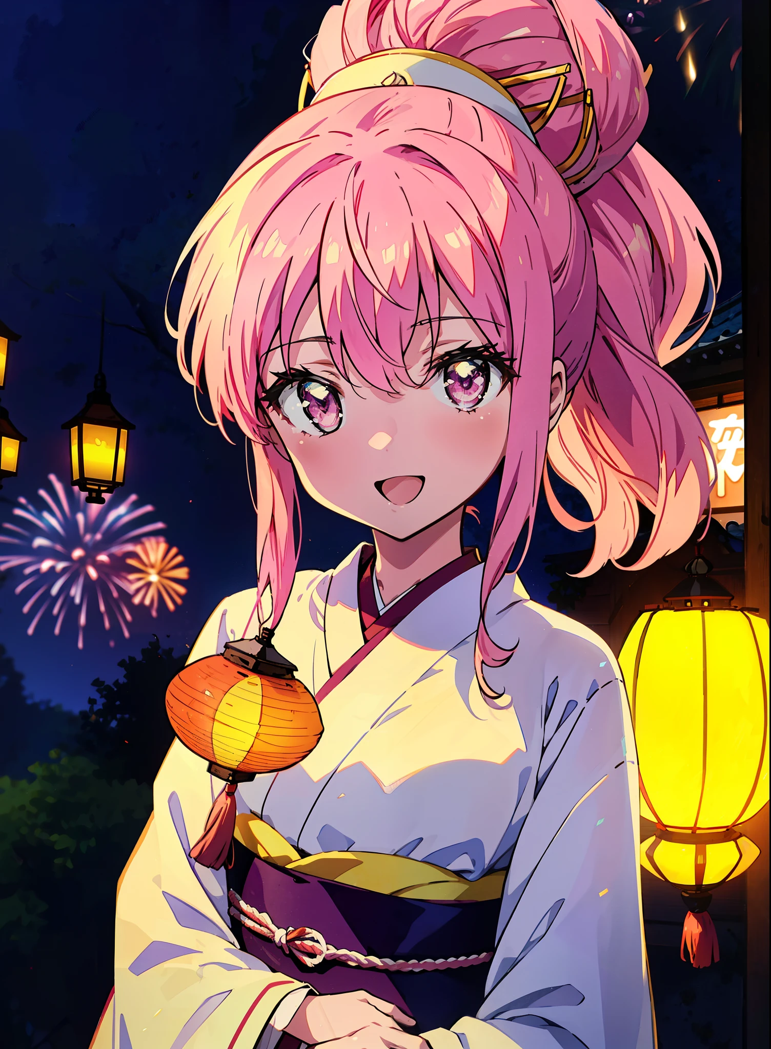 Louise Françoise Le Brun from La V全てiere,Pink Hair,Pink Eyes,Long Hair,ponytail,hair ornaments,happy smile, smile, Open your mouth,White Kimono,Thick sleeves,日本のfestival,夏festivalの屋台,Red Lantern,night,night空のfirework,firework,場所はfirework大会,時間はnightです,sunny day,turn around,まるでwhole bodyがイラストの中にいるかのように,walking,　　　　　　　　　　　　　　　  　　　　　break looking at viewer, whole body, (Cowboy Shot:1. 5),  　　　　　
break outdoors, festival,shrine,
break (masterpiece:1.2), Highest quality, High resolution, unity 8k wallpaper, (shape:0.8), (Beautiful attention to detail:1.6), Highly detailed face, Perfect lighting, Extremely detailed CG, (Perfect hands, Perfect Anatomy),