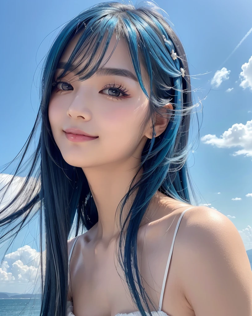 (Highest quality, 32k, High resolution, Masterpiece:1.5), marimo_jet, god々A photograph with brilliant dazzling and healing power., Evoking a sense of calm and elusive beauty, Expressing emotions, Have a rich imagination, Beautiful Japanese Girls, An exceptionally beautiful face, Small Face Beauty, , Perfect Human Anatomy, Magical big eyes, Motherhood and generosity, Deep Love, fleeting smile, (shiny blue hair:1.2), Super long hair swaying in the wind, Asymmetrical bangs, Hair between the eyes, Transparent, soft white skin, Sharp eyebrows, Thin lashes, ((Natural Makeup:1.3)), White dress, High resolutionの完璧な鎖骨, High resolutionの美しい胸元, Slim figure with ample breasts, High resolutionの美しい太もも, ((Distant Horizon:1.5)), ((The land stretches to the horizon:1.3)), ((The earth reflects the sky like a mirror:1.3)), Beautiful detailed blue sky, Professional photographer, Professional Lighting, Professional models