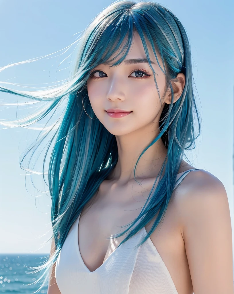 (Highest quality, 32k, High resolution, Masterpiece:1.5), marimo_jet, god々A photograph with brilliant dazzling and healing power., Evoking a sense of calm and elusive beauty, Expressing emotions, Have a rich imagination, Beautiful Japanese Girls, An exceptionally beautiful face, Small Face Beauty, , Perfect Human Anatomy, Magical big eyes, Motherhood and generosity, Deep Love, fleeting smile, (shiny blue hair:1.2), Super long hair swaying in the wind, Asymmetrical bangs, Hair between the eyes, Transparent, soft white skin, Sharp eyebrows, Thin lashes, ((Natural Makeup:1.3)), White dress, High resolutionの完璧な鎖骨, High resolutionの美しい胸元, Slim figure with ample breasts, High resolutionの美しい太もも, ((Distant Horizon:1.5)), ((The land stretches to the horizon:1.3)), ((The earth reflects the sky like a mirror:1.3)), Beautiful detailed blue sky, Professional photographer, Professional Lighting, Professional models