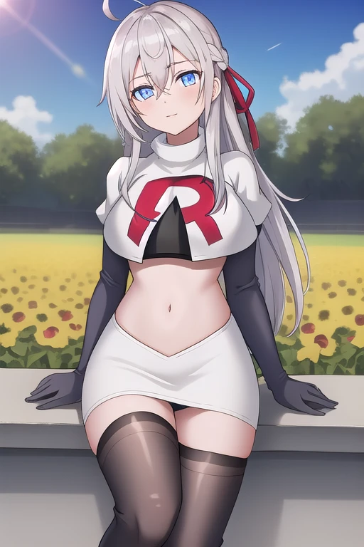 alisa,1girl,solo,long_hair,looking_at_viewer,bangs,blue_eyes,hair_between_eyes,hair_ribbon,ahoge,grey_hair,team rocket,team rocket uniform,white skirt,red letter R,crop top,black thigh-highs,black elbow gloves,flower_field