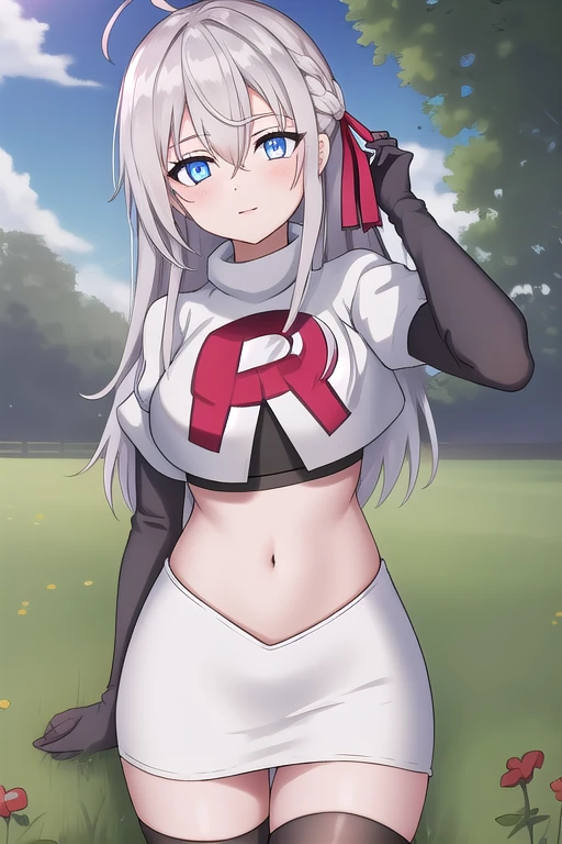 alisa,1girl,solo,long_hair,looking_at_viewer,bangs,blue_eyes,hair_between_eyes,hair_ribbon,ahoge,grey_hair,team rocket,team rocket uniform,white skirt,red letter R,crop top,black thigh-highs,black elbow gloves,flower_field