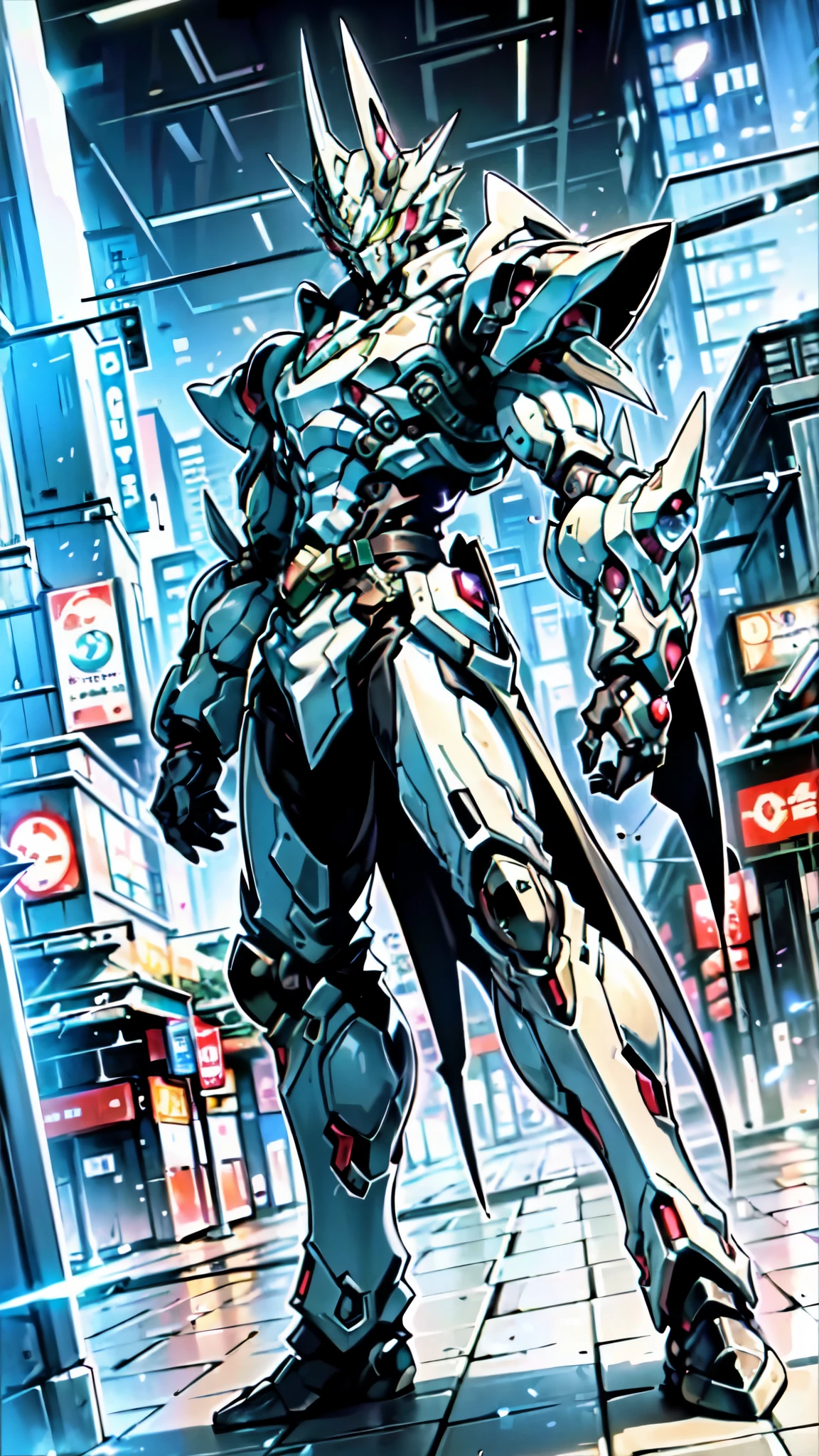 (masterpiece:1.5, best quality:1.5, extremely delicate:1.5, foreshortening:1.5, dynamic angle:1.5), a man wearing a full-face helmet, a fantasy-style biotech armored combat suit, green eyes, (a composite layered chest armor), fully enclosed shoulder guards, matching arm and leg guards, the belt is adorned with neon circuitry, (the color scheme is primarily black with red green accents), the design balances heavy with agility, a high-tech bio-mecha armor, (Armor Concept Inspired by neon Cyberpunk, stand on the top of a skyscraper in a futuristic sci-fi city), this character embodies a finely crafted fantasy-surreal style armored hero in anime style, exquisite and mature manga art style, (element, plasma, energy, the armor glows), ((male:1.5)), metallic, high definition, highres, ultra-detailed, ultra-fine painting, professional, perfect body proportions, golden ratio, anatomically correct, symmetrical face, extremely detailed eyes and face, high quality eyes, creativity, RAW photo, UHD, 32k, Natural light, cinematic lighting, masterpiece-anatomy-perfect
