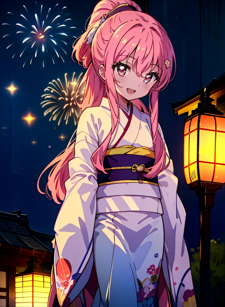 Louise Françoise Le Brun from La V全てiere,Pink Hair,Pink Eyes,Long Hair,ponytail,hair ornaments,happy smile, smile, Open your mouth,White Kimono,Thick sleeves,日本のfestival,夏festivalの屋台,Red Lantern,night,night空のfirework,firework,場所はfirework大会,時間はnightです,sunny day,turn around,まるでwhole bodyがイラストの中にいるかのように,walking, break looking at viewer, whole body, (Cowboy Shot:1. 5),
break outdoors, festival,shrine,
break (masterpiece:1.2), Highest quality, High resolution, unity 8k wallpaper, (shape:0.8), (Beautiful attention to detail:1.6), Highly detailed face, Perfect lighting, Extremely detailed CG, (Perfect hands, Perfect Anatomy),