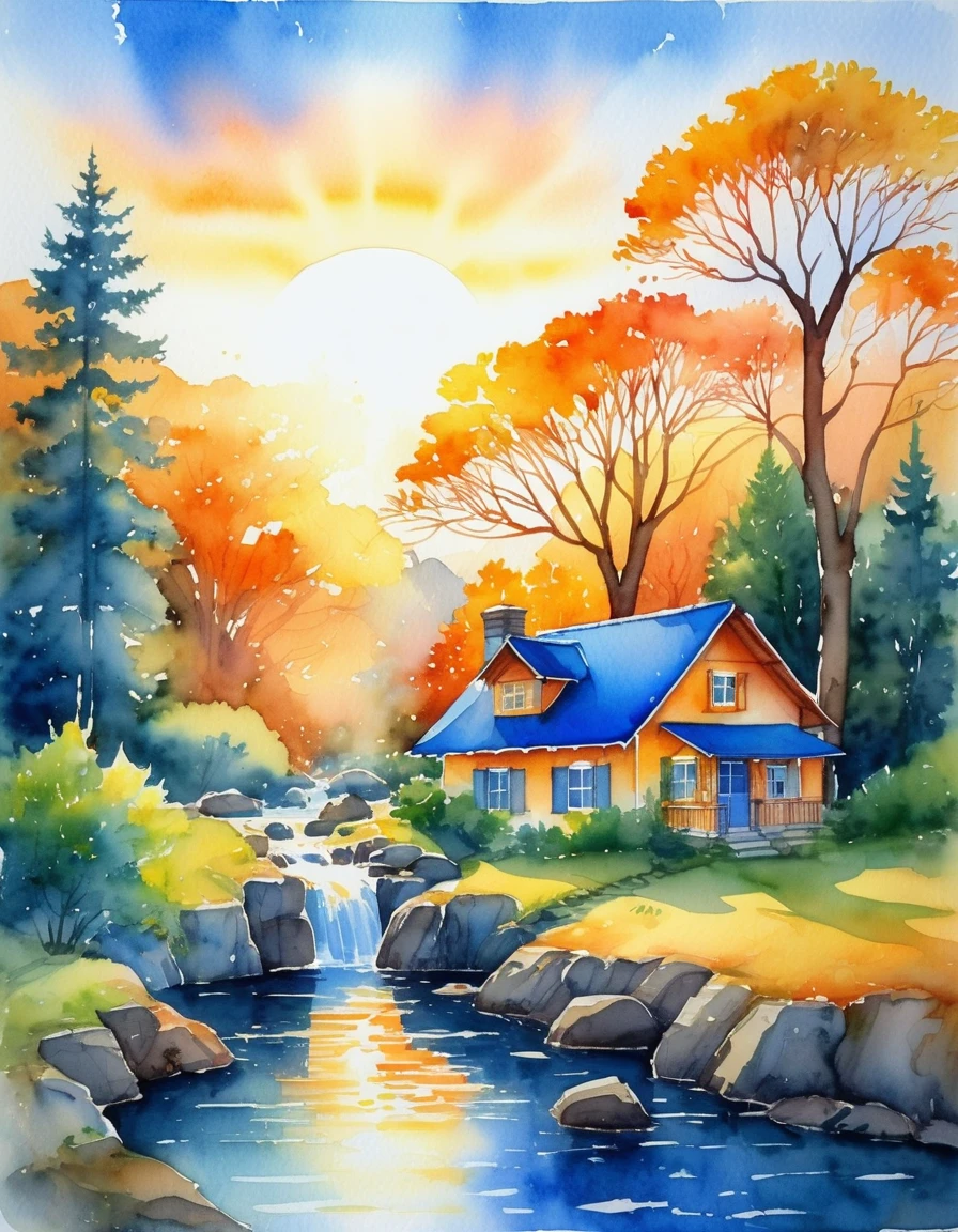 Beautiful scenery during sunrise There was a small house with a blue roof in the foreground. Surrounded by trees and greenery. In the background there is a waterfall flowing in streams. The sky is bright blue They appear orange and yellow near the sun and gradually change to blue as they get further away. Watercolor