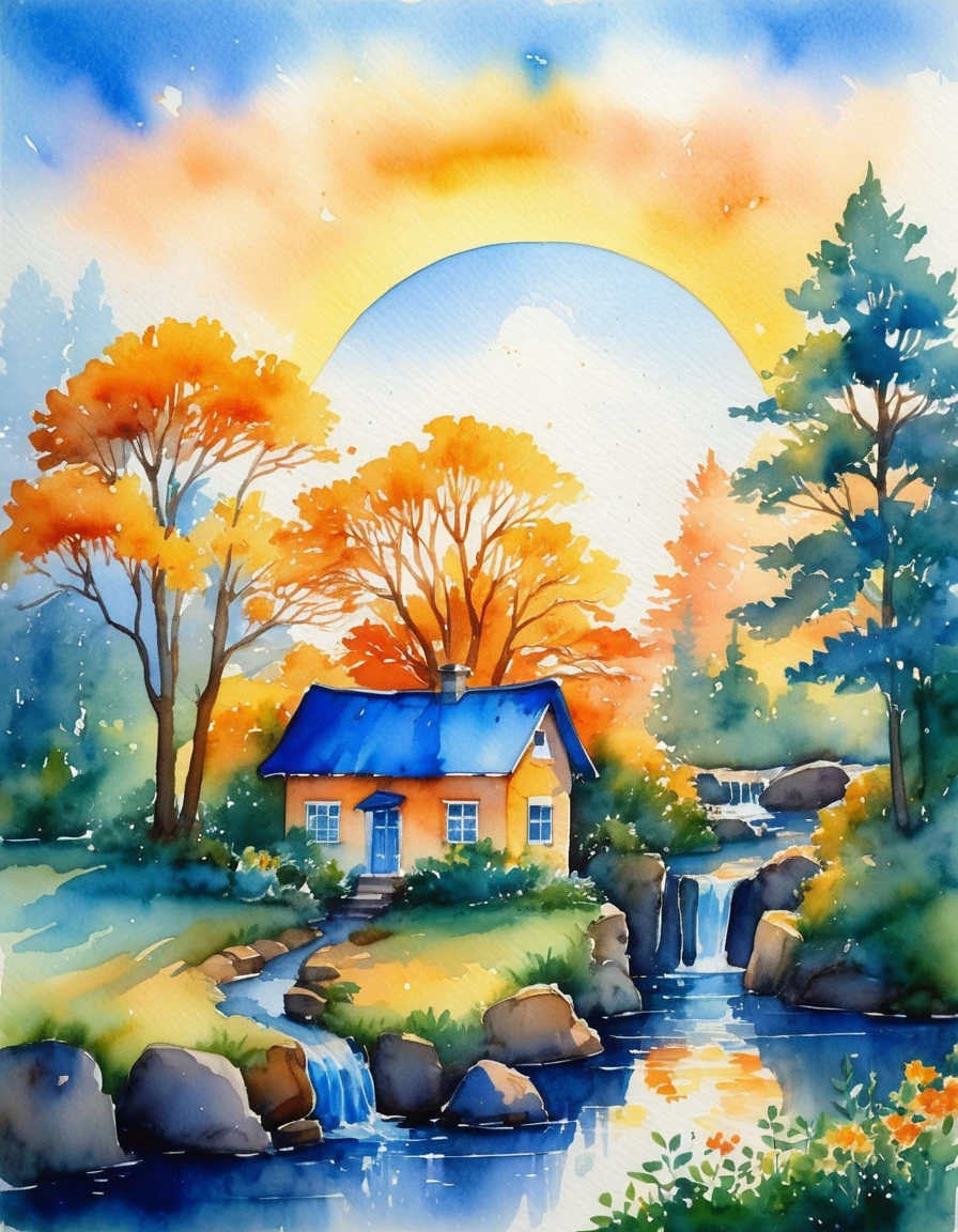 Beautiful scenery during sunrise There was a small house with a blue roof in the foreground. Surrounded by trees and greenery. In the background there is a waterfall flowing in streams. The sky is bright blue They appear orange and yellow near the sun and gradually change to blue as they get further away. Watercolor