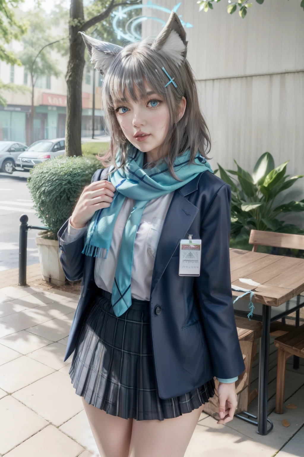 masterpiece, hd, 1girl, realistic, cosplayer, shiroko (blue archive), animal ears, solo, scarf, skirt, halo, grey hair, blue eyes, , hair ornament, gloves, looking at viewer, jacket, necktie, blue scarf, animal ear fluff, outdoors, pleated skirt, cross hair ornament, leaf, shirt, parted lips, bangs, plaid skirt, open clothes, medium hair, white shirt, blue necktie, plaid, long sleevess, highres,masterpiece, best quality, park, outdoor, standing