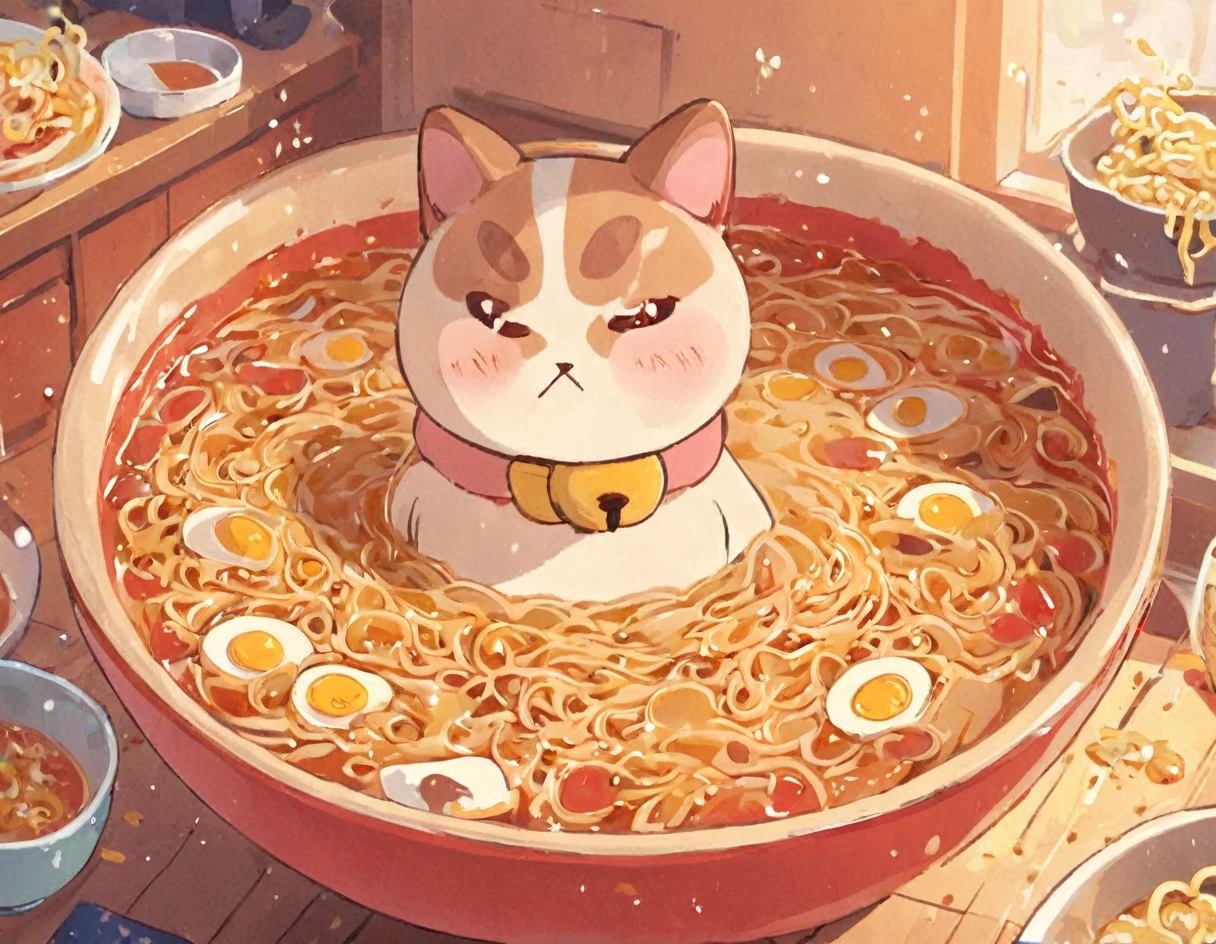 anime artwork cat bathing in a big bowl of ramen, simple illustration, children's illustration style, anime style, key visual, vibrant, studio anime,  highly detailed