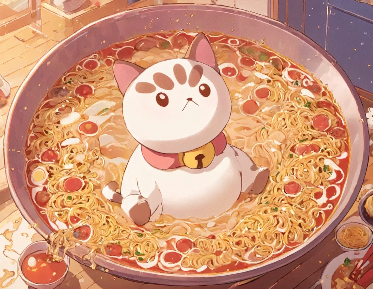 anime artwork cat bathing in a big bowl of ramen, simple illustration, children's illustration style, anime style, key visual, vibrant, studio anime,  highly detailed