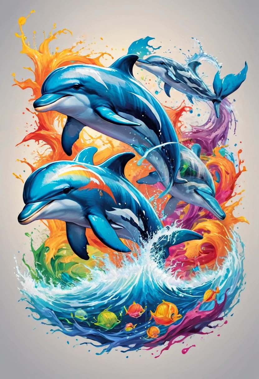 A t-shirt with vector art of a colorful illustration of dolphins in the middle of the turbulent sea, At the center, swirly vibrant colors, paint splashes and smears, high détail, t-shirt designs
(work of art, best qualityer, proffesional, perfect composition, very aesthetic, absurdrez, super verbose, details Intricate:1.3)