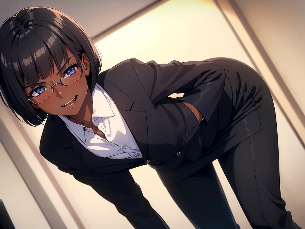 (1 boy:1.5),(dark skin:1.5),(masterpiece:1.2), highest quality, High resolution, unity 8k wallpaper, (fine and beautiful eyes:1.6), highly detailed face, perfect lighting, Detailed CG, (perfect hands, perfect ???????),20 years old, (black hair:1.3), detailed eyes, best quality, extremely detailed, very precise detailed, (glasses:1.4), , (straight hair:1.5), (evil smile:1.4) ,long sidelocks, (blush:1.3),(very short bob:1.4),(blunt bangs:1.4), (greaming skin:1.3),(?????????:1.1),(flat ?????),(business suit),(open mouth),pencil Skirt