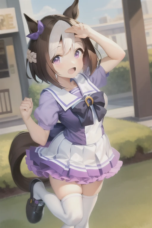 Masterpiece, top quality,
Special Week\(Uma Musume\),

Close-up of the face

Open mouth, happy purple eyes,

Award ceremony, championship cup,

Footwear that doesn't fit，Pleated skirt, Puff short sleeves, Purple ribbon, White Skirt, Sailor collar, Sailor shirt, vestige , White knee socks, View your viewers, Windows, Horse tail, Highest quality 