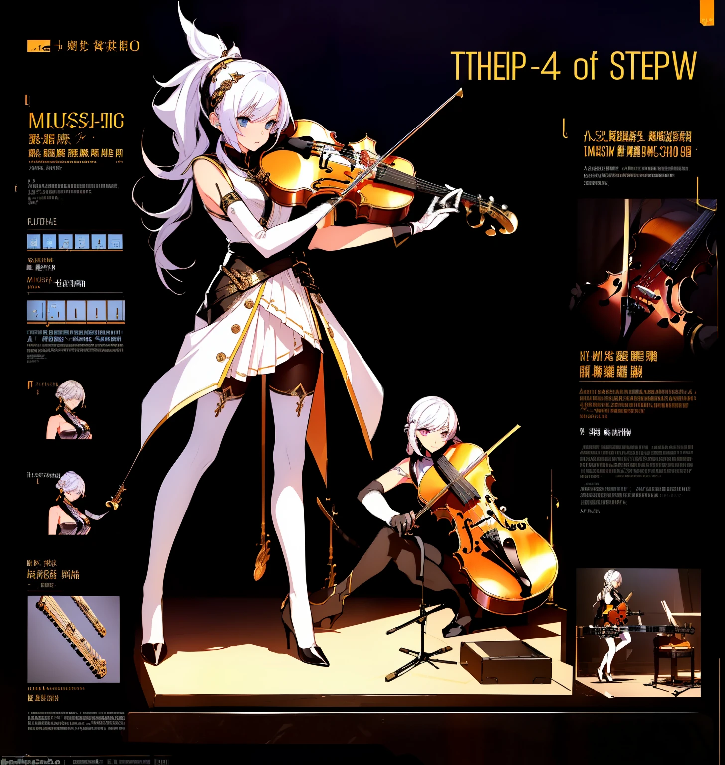 Show game characters, A female musician，(1 Girl). （gold：0.4，White：0.8）clothing, Stylish and unique, ((Displaying musical instruments:1.4)), A magical violin，不仅是演奏的masterpiece，It is also a weapon of battle, (masterpiece:1.2), (best quality), 4K, Extremely detailed, (Step-by-step design, The Art of Layout:1.5), (Luminous lighting, Atmospheric lighting), Final Fantasy Style, virtuoso，Musical notes, ((glove full hands)), Belief, (((暴露的clothing:1.3))),Exquisite playing gloves, Armored Legs, (((full_Body_shooting:1.4)))