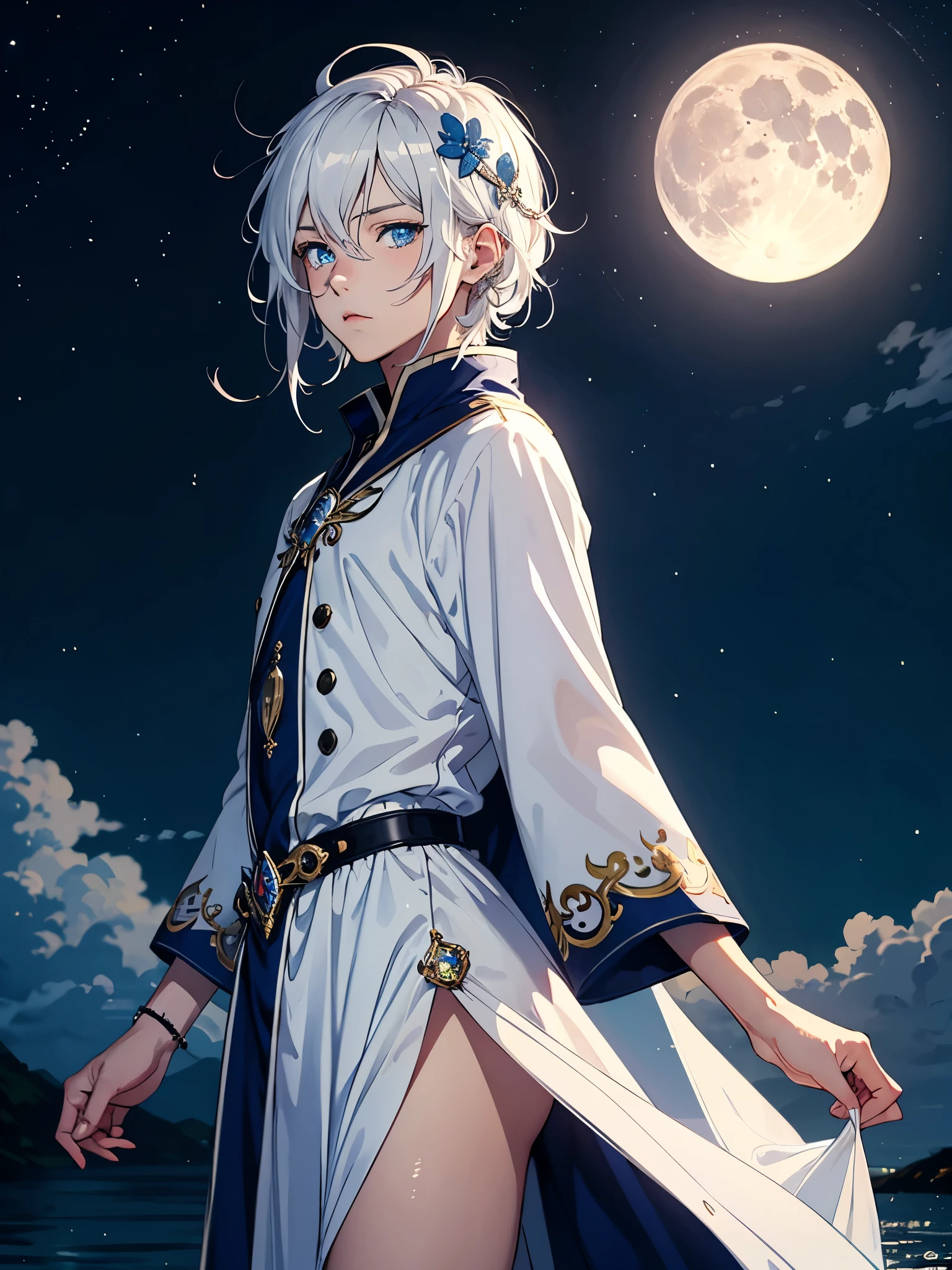 Sehr Lange haare. Mehr anime. aquatic, boy, Goddess of the Moon, silver hair accessories, White hair, White dress, cape, at night, saturated colors, light eyes, bright, light blue light, blue eyes, Jewelry silver, bluish light, Full moon in the background, aquatic in der Luft rosa kerzen