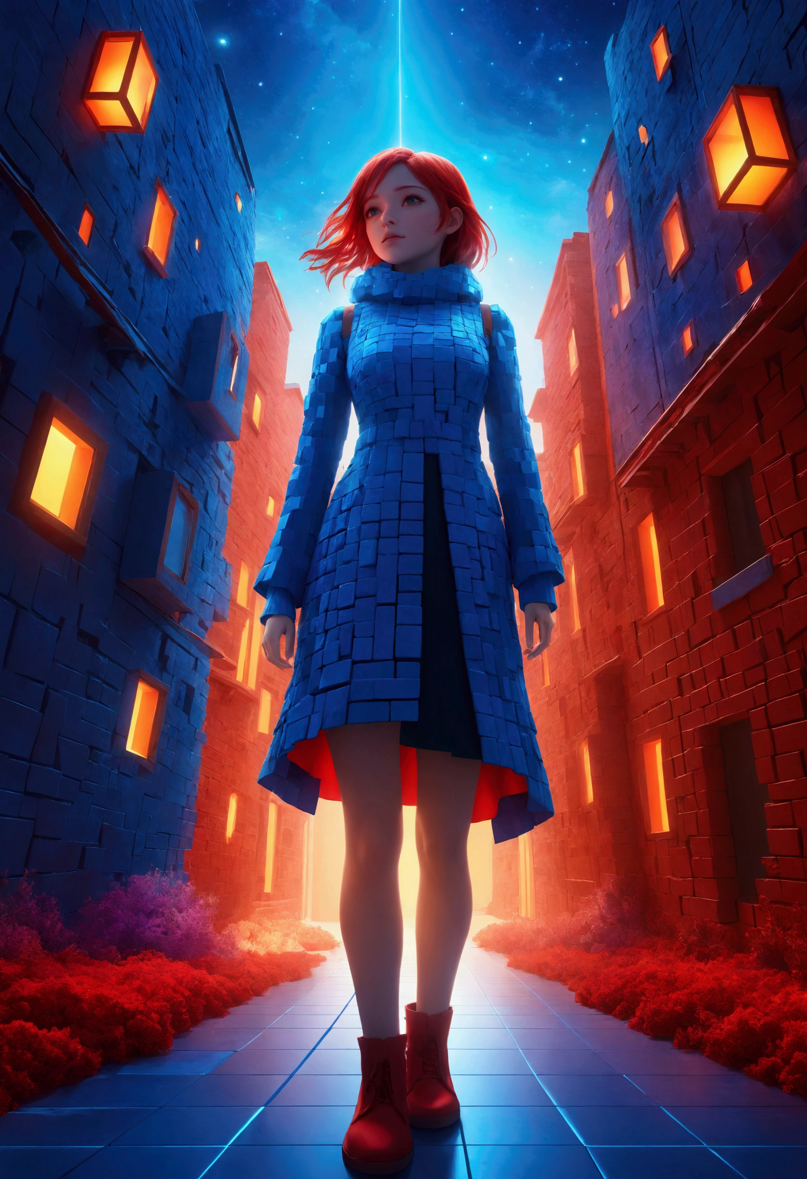night,Beautiful girl with blue gradient dissolving pixels, 3D Voxel Blocks, A structure that was initially intact but gradually disintegrated in the air, Starry Sky,fantasy,magic,mystery,illusory,Dreamy,(Inverted red symmetrical city silhouette in the sky:1.2), Dramatic lighting,high quality,Octane Rendering,Concept map of the scene,