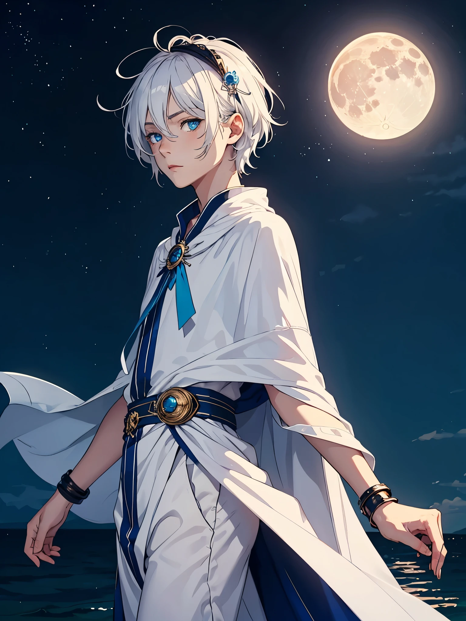 Sehr Lange haare. Mehr anime. aquatic, boy, Goddess of the Moon, silver hair accessories, White hair, White dress, cape, at night, saturated colors, light eyes, bright, light blue light, blue eyes, Jewelry silver, bluish light, Full moon in the background, aquatic in der Luft rosa kerzen