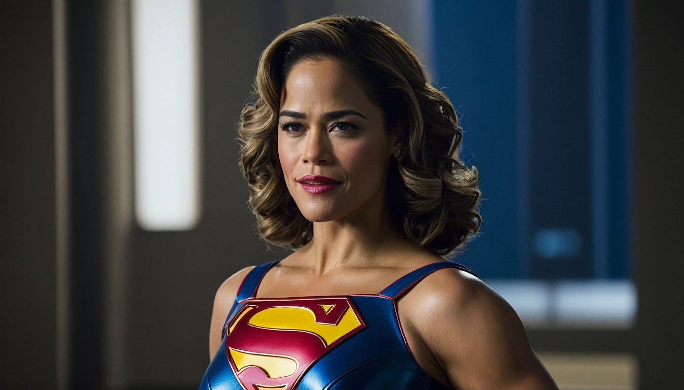 powerful, kindhearted, extremely attractive and confident; Paula Patton Supergirl 1984s movie costume; HD. Photograph, ((realism)), extremely high quality RAW photograph, ultra detailed photograph, sharp focus, high resolution, (detailed skin:1,3),high quality, film grain, Fujifilm XT3,Highly Detailed, movie, (Cinematic Photo:1.3) of (Realistic:1.3). Super breasts.
