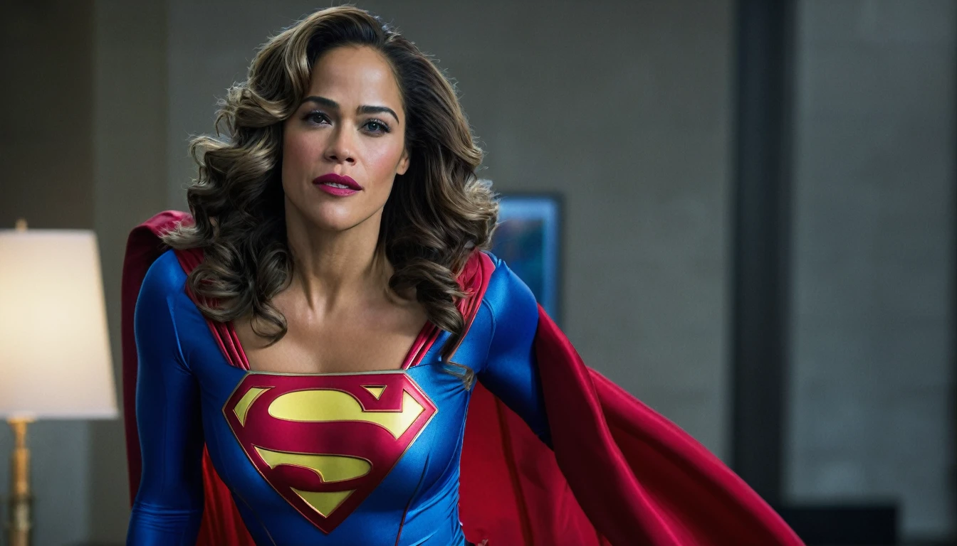 powerful, kindhearted, extremely attractive and confident; Paula Patton Supergirl 1984s movie costume;  HD. Photograph, ((realism)), extremely high quality RAW photograph, ultra detailed photograph, sharp focus, high resolution, (detailed skin:1,3),high quality, film grain, Fujifilm XT3,Highly Detailed, movie, (Cinematic Photo:1.3) of (Realistic:1.3). Super breasts.
