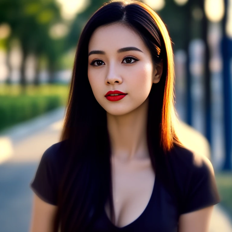 Close-up of a woman with long hair flowing., I have very long black hair. I have very long black hair., Wear a plaid shirt, Looking straight at the viewer, young asian woman person with round face, Thai anime, ผมยาวสลวยBig eyes,Big eyes,Double eyelids, black eyes, very large breasts, 38 inches, The chest is round and curved and shiny., abdominal muscles, perfect body, Wear a dark round neck t-shirt., Bright colors, expensive silk, outdoor, Warm light, The morning sun shines beautifully., (digital painting, HDR, high contrast), straight face, face focus), (Highest quality),(Masterpiece:1.3),(sharp focus:1.2),glowing face, (Red cheeks:1.4), ยืนเดินoutdoor, The evening sun shines beautifully and realistically.,