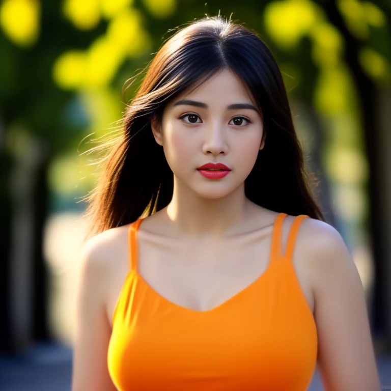 Close-up of a woman with long hair flowing., I have very long black hair. I have very long black hair., Wear a plaid shirt, Looking straight at the viewer, young asian woman person with round face, Thai anime, ผมยาวสลวยBig eyes,Big eyes,Double eyelids, black eyes, very large breasts, 38 inches, The chest is round and curved and shiny., abdominal muscles, perfect body, Wear a dark round neck t-shirt., Bright colors, expensive silk, outdoor, Warm light, The morning sun shines beautifully., (digital painting, HDR, high contrast), straight face, face focus), (Highest quality),(Masterpiece:1.3),(sharp focus:1.2),glowing face, (Red cheeks:1.4), ยืนเดินoutdoor, The evening sun shines beautifully and realistically.,