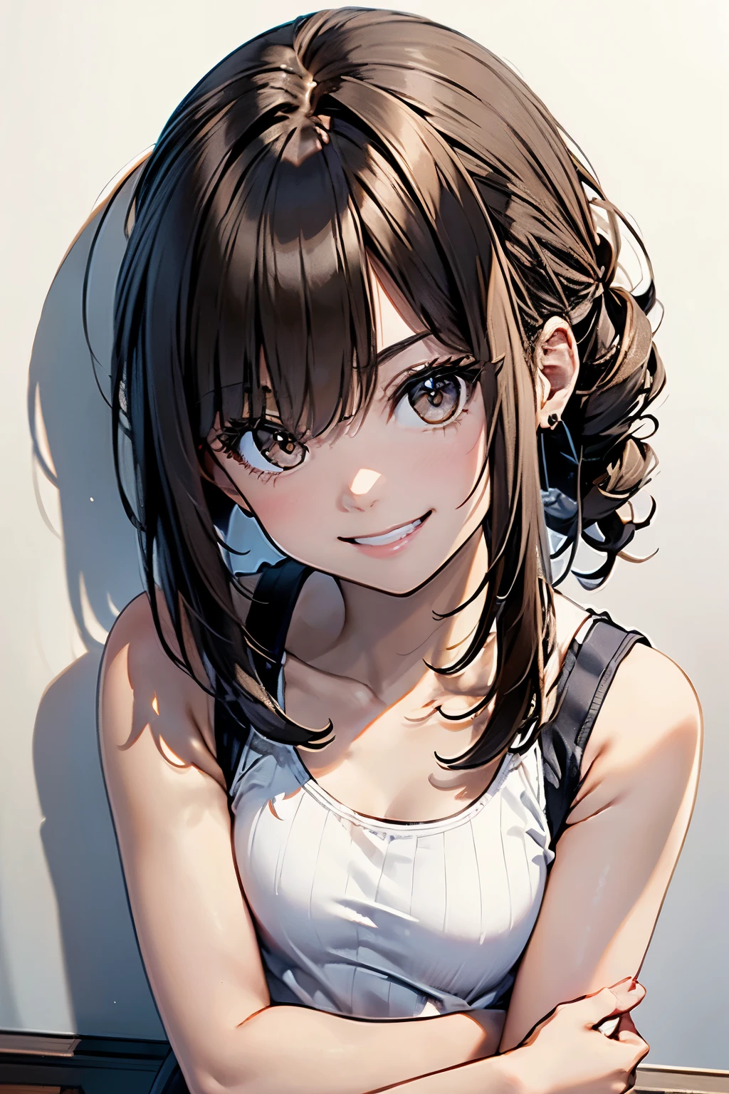 (Highest quality, 8K, oil, Tabletop:1.2), Super detailed, (((Frame In)))、(((Bust Shot)))、(((There is no light and shadow)))、(((Small breasts)))、(((Brown Hair)))、(((Tank top)))、(((迷彩柄のTank top)))、(((Bob Hair)))、((( White Background)))、(((Girly Hairstyles)))、(((In front of a white wall)))、(((smile)))、(((Teeth are visible)))、(((No shadow)))、(((Arms crossed)))