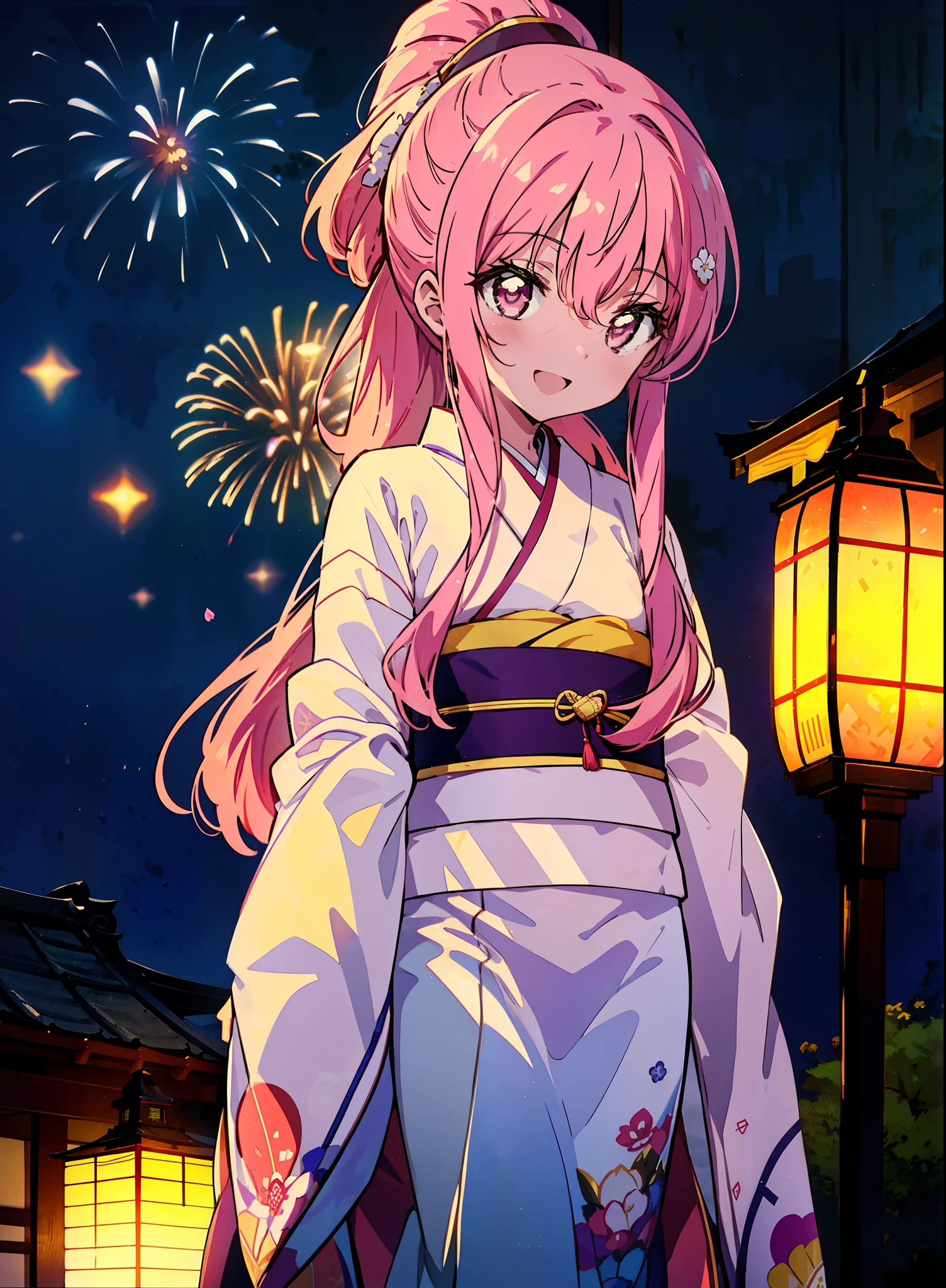 Louise Françoise Le Brun from La V全てiere,Pink Hair,Pink Eyes,Long Hair,ponytail,hair ornaments,happy smile, smile, Open your mouth,White Kimono,Thick sleeves,日本のfestival,夏festivalの屋台,Red Lantern,night,night空のfirework,firework,場所はfirework大会,時間はnightです,sunny day,turn around,まるでwhole bodyがイラストの中にいるかのように,walking, break looking at viewer, whole body, (Cowboy Shot:1. 5),
break outdoors, festival,shrine,
break (masterpiece:1.2), Highest quality, High resolution, unity 8k wallpaper, (shape:0.8), (Beautiful attention to detail:1.6), Highly detailed face, Perfect lighting, Extremely detailed CG, (Perfect hands, Perfect Anatomy),