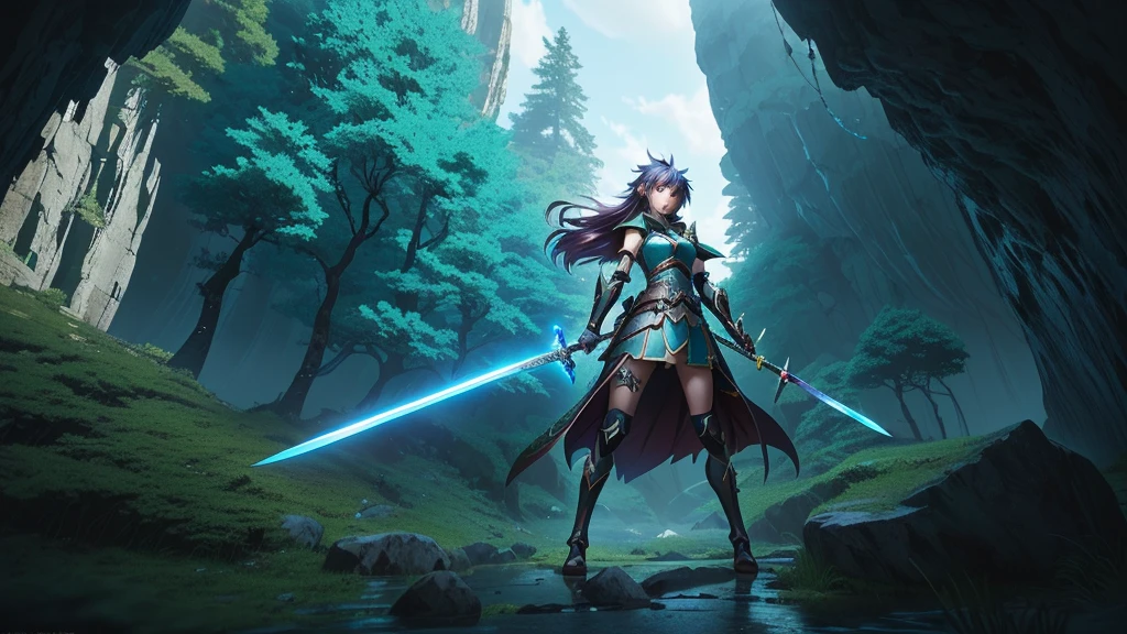 anime girl with sword in a cave with trees and rocks, epic anime style, with large sword, anime in fantasy style, she is holding a sword, 2. 5 d cgi anime fantasy artwork, anime epic artwork, badass anime 8 k, epic anime fantasy, advanced digital anime art ”, anime moe artstyle, female action anime girl, hold sword in the forest