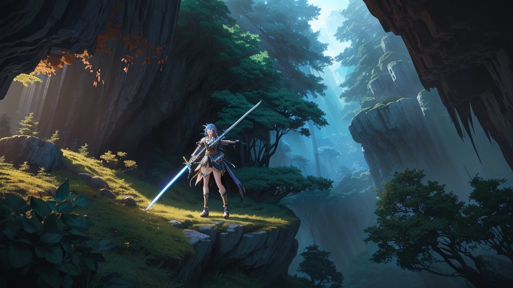 anime girl with sword in a cave with trees and rocks, epic anime style, with large sword, anime in fantasy style, she is holding a sword, 2. 5 d cgi anime fantasy artwork, anime epic artwork, badass anime 8 k, epic anime fantasy, advanced digital anime art ”, anime moe artstyle, female action anime girl, hold sword in the forest
