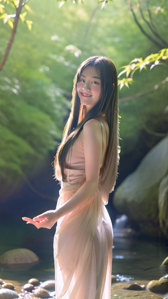 Draw real photos,A beautiful girl with red eyes from another world,Holding a delicate flute and waving it with both hands in the air,Plump and majestic figure,fair and translucent skin,long legs,Silky white hair,Nude smiling shyly in the maple forest,Standing barefoot on the rocks in the stream,Super fine details。