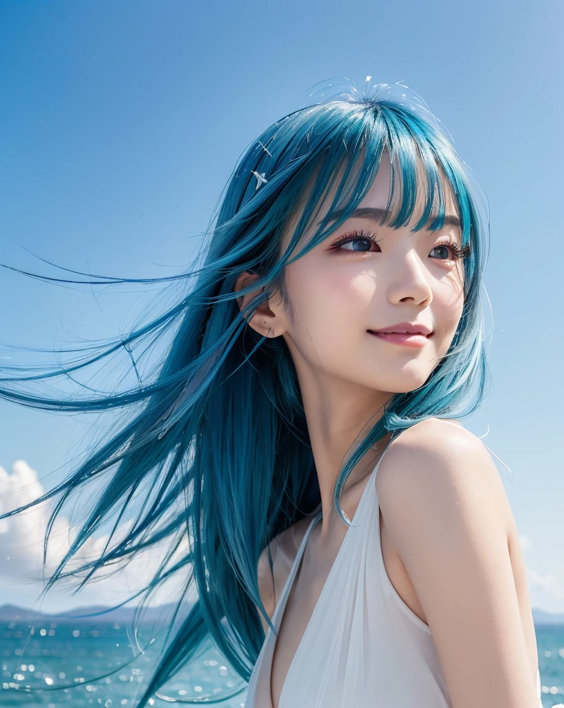 (Highest quality, 32k, High resolution, Masterpiece:1.5), marimo_jet, god々A photograph with brilliant dazzling and healing power., Evoking a sense of calm and elusive beauty, Expressing emotions, Have a rich imagination, Beautiful Japanese Girls, An exceptionally beautiful face, Small Face Beauty, , Perfect Human Anatomy, Magical big eyes, Motherhood and generosity, Deep Love, fleeting smile, (shiny blue hair:1.2), Super long hair swaying in the wind, Asymmetrical bangs, Hair between the eyes, Transparent, soft white skin, Sharp eyebrows, Thin lashes, ((Natural Makeup:1.3)), White dress, High resolutionの完璧な鎖骨, High resolutionの美しい胸元, Slim figure with ample breasts, High resolutionの美しい太もも, ((Distant Horizon:1.5)), ((The land stretches to the horizon:1.3)), ((The earth reflects the sky like a mirror:1.3)), Beautiful detailed blue sky, Professional photographer, Professional Lighting, Professional models