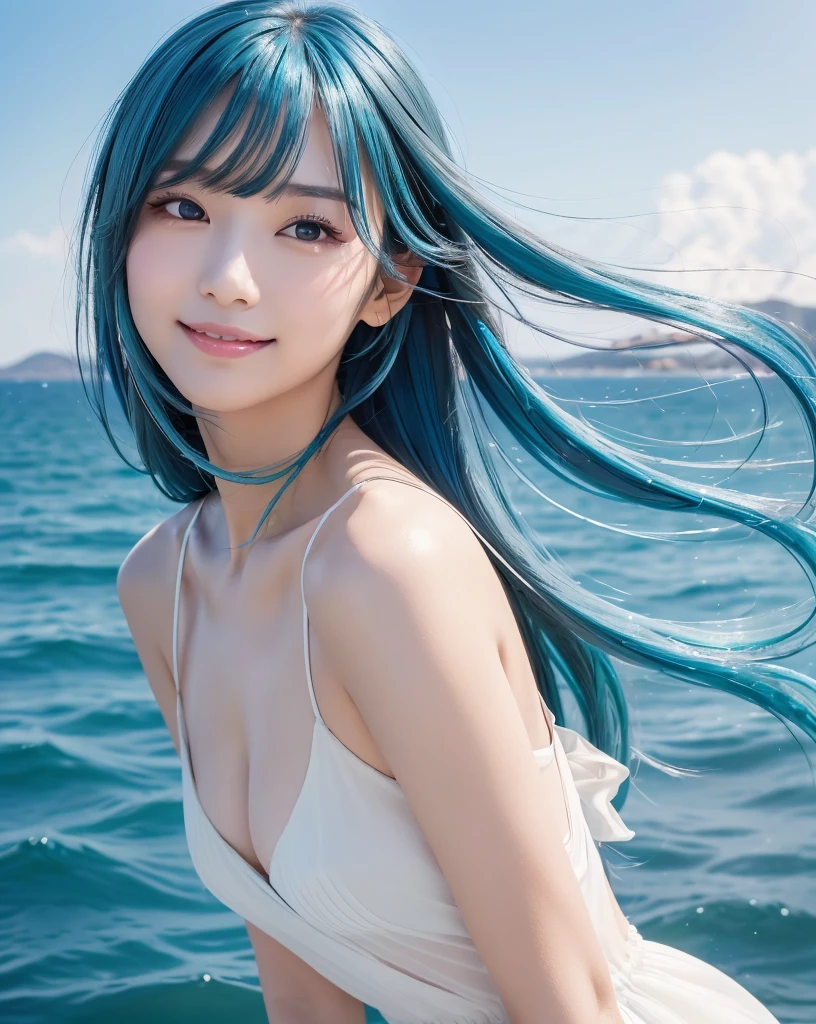 (Highest quality, 32k, High resolution, Masterpiece:1.5), marimo_jet, god々A photograph with brilliant dazzling and healing power., Evoking a sense of calm and elusive beauty, Expressing emotions, Have a rich imagination, Beautiful Japanese Girls, An exceptionally beautiful face, Small Face Beauty, , Perfect Human Anatomy, Magical big eyes, Motherhood and generosity, Deep Love, fleeting smile, (shiny blue hair:1.2), Super long hair swaying in the wind, Asymmetrical bangs, Hair between the eyes, Transparent, soft white skin, Sharp eyebrows, Thin lashes, ((Natural Makeup:1.3)), White dress, High resolutionの完璧な鎖骨, High resolutionの美しい胸元, Slim figure with ample breasts, High resolutionの美しい太もも, ((Distant Horizon:1.5)), ((The land stretches to the horizon:1.3)), ((The earth reflects the sky like a mirror:1.3)), Beautiful detailed blue sky, Professional photographer, Professional Lighting, Professional models