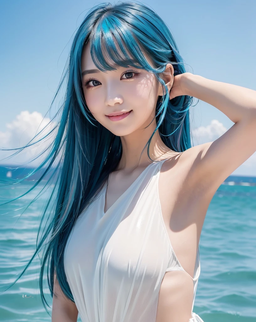 (Highest quality, 32k, High resolution, Masterpiece:1.5), marimo_jet, god々A photograph with brilliant dazzling and healing power., Evoking a sense of calm and elusive beauty, Expressing emotions, Have a rich imagination, Beautiful Japanese Girls, An exceptionally beautiful face, Small Face Beauty, , Perfect Human Anatomy, Magical big eyes, Motherhood and generosity, Deep Love, fleeting smile, (shiny blue hair:1.2), Super long hair swaying in the wind, Asymmetrical bangs, Hair between the eyes, Transparent, soft white skin, Sharp eyebrows, Thin lashes, ((Natural Makeup:1.3)), White dress, High resolutionの完璧な鎖骨, High resolutionの美しい胸元, Slim figure with ample breasts, High resolutionの美しい太もも, ((Distant Horizon:1.5)), ((The land stretches to the horizon:1.3)), ((The earth reflects the sky like a mirror:1.3)), Beautiful detailed blue sky, Professional photographer, Professional Lighting, Professional models