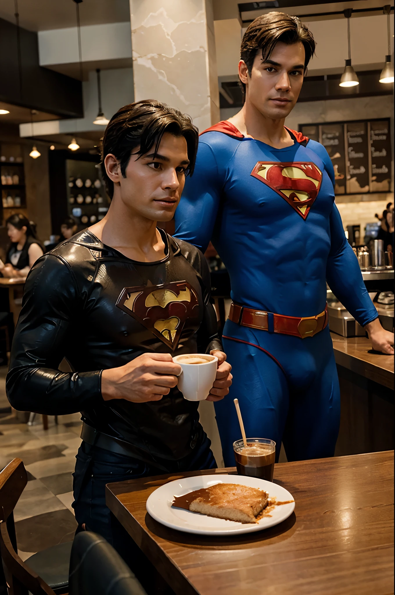 Draw a picture , where super man and bat man drink coffee at starbucks .