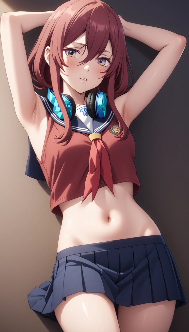 (Highest quality、Masterpiece、Very detailed、4K)、One Woman、17 years old、Brown Hair、short hair、(((Nakano Miku)))、headphone、chest、arm、((Beautiful armpits))、Beautiful navel、((Beautiful thighs))、(Within the company)、((((Panties and bra only))))