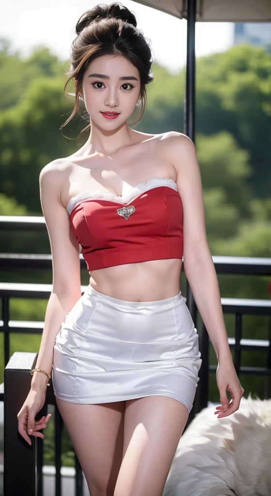 ((Bare shoulders)), ((Full breasts)), ((The skirt is short)), ((Sexy legs)), ((knee shot)), ((Standing, Elegant posture)), 1girl,独奏, 1girl, Cute Girl, Beauty, Practical, Fashion Girl, Red lips, Mature women, Exquisite makeup, big eyes, beautiful, (best quality, masterpiece:1.2), Extremely detailed, (Practical:1.37), ((Random Scenes, Random shooting angle)), ((Sexy long legs)), Young and energetic, Charming model, (Exquisite eyes, Delicate lips), Show a bright smile, Create stunning girl images, warm color, Extremely saturated colors, Official Art, Extremely detailed的 CG, Unity 8K wallpaper, (High Dynamic Range :1.4), (Movie atmosphere),(Soft colors), (Natural skin texture, ultra-Practical, Soft Light, sharp),(Very detailed), night, moonlight