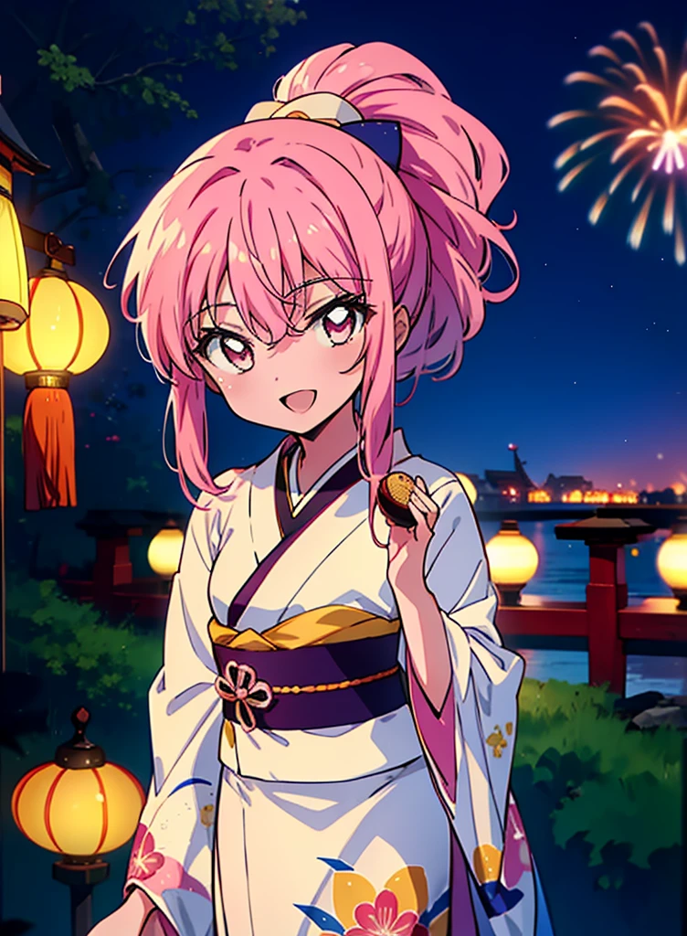 Louise Françoise Le Brun from La V全てiere,Pink Hair,Pink Eyes,Long Hair,ponytail,hair ornaments,happy smile, smile, Open your mouth,White Kimono,Thick sleeves,日本のfestival,夏festivalの屋台,Red Lantern,night,night空のfirework,firework,場所はfirework大会,時間はnightです,sunny day,turn around,まるでwhole bodyがイラストの中にいるかのように,walking, break looking at viewer, whole body, (Cowboy Shot:1. 5),
break outdoors, festival,shrine,
break (masterpiece:1.2), Highest quality, High resolution, unity 8k wallpaper, (shape:0.8), (Beautiful attention to detail:1.6), Highly detailed face, Perfect lighting, Extremely detailed CG, (Perfect hands, Perfect Anatomy),