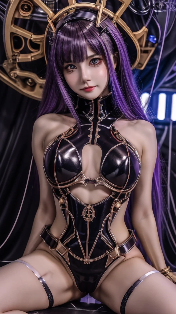 1 mechanical girl、((The details are extremely realistic.))、Portlet、world class illumination、shadow、Octane render、8K、extra sharp、Steampunk Cyborg Body、white porcelain body、hydraulic cylinder、Details of intricate jewelry、Details of Gothloli、Very complicated details、realistic light、CGSoation trend、purple eyes、sparkling eyes、Facing the camera、neon details、big 、You can see the separation.、mechanical limbs、Blood vessels that connect to the spine tubeechanical attached to the back、The mechanical cervix is attached to the neck.、sit on、Wires and cables connect to the head.、The background is a steampunk area.、