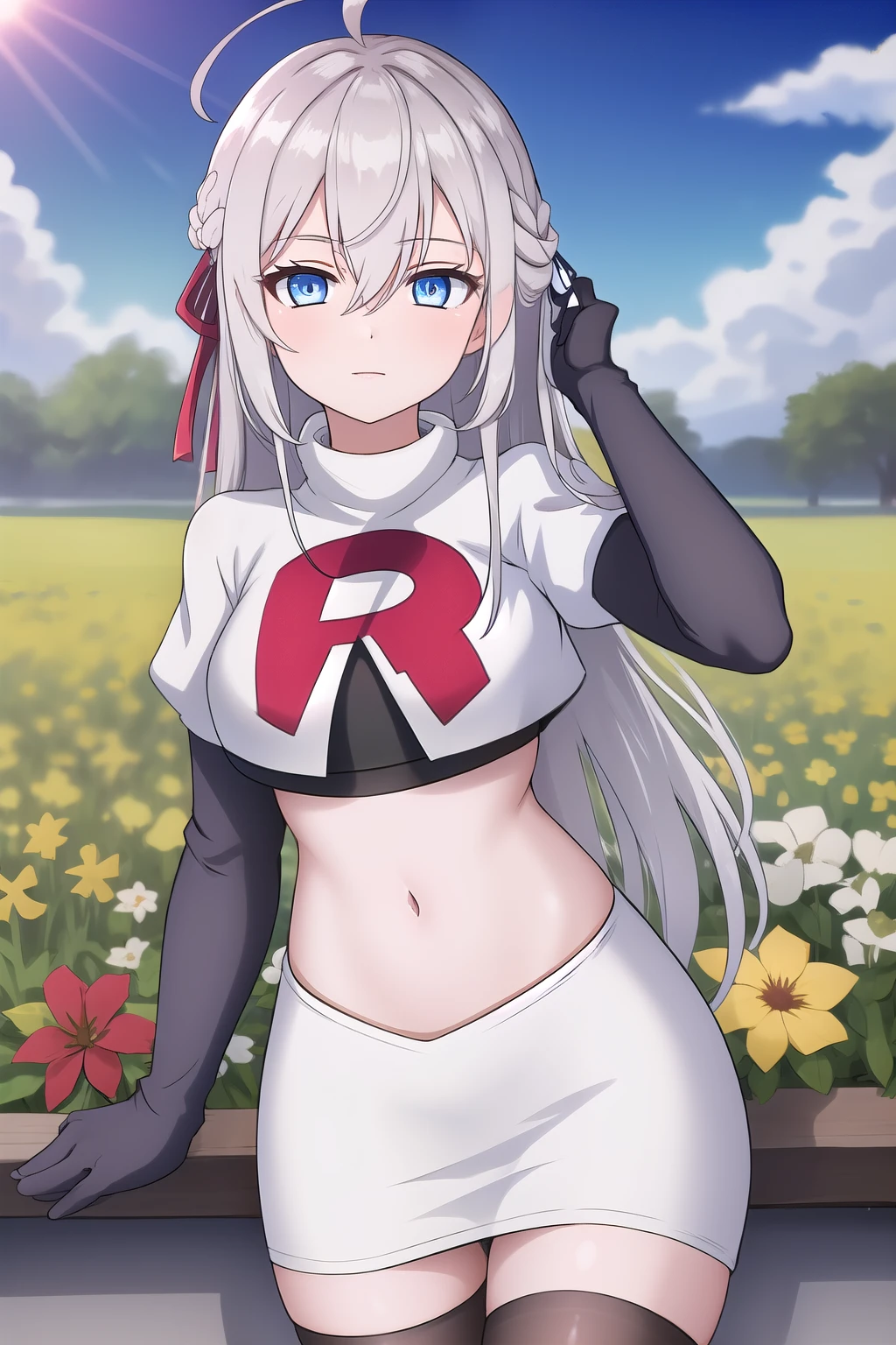 alisa,1girl,solo,long_hair,looking_at_viewer,bangs,blue_eyes,hair_between_eyes,hair_ribbon,ahoge,grey_hair,team rocket,team rocket uniform,white skirt,red letter R,crop top,black thigh-highs,black elbow gloves,flower_field