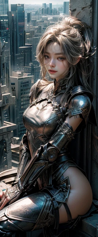 ((masterpiece, Highest quality, High resolution, Realistic, born, 8k wallpaper)), (Huge and stunning goddess shot, Very hot and sexy, Amazing beauty, Perfect proportions, Beautiful body, Slim body beauty: 1.4), Standing on top of a skyscraper女性の後ろ姿, Standing on top of a skyscraper, Standing on the roof, Standing on the roof, Overlooking the modern city, Walk over a small city, Sitting on top of a skyscraper, mirror's edge in russia, Urban rooftops.(armor:1.3)、knighthood, (Equipped with sword and shield:1.2),Royal Style,Comic book style, , Scattered beneath the surface, Stunning details, Natural background, Surreal, movie, Dramatic lighting, Tabletop、(ornamental armor)、(Wear an aura:1.5)、Circlet、((Princess Night))、Frilled,(Sitting down showing off her silver high leg pants、There is a mansuji)