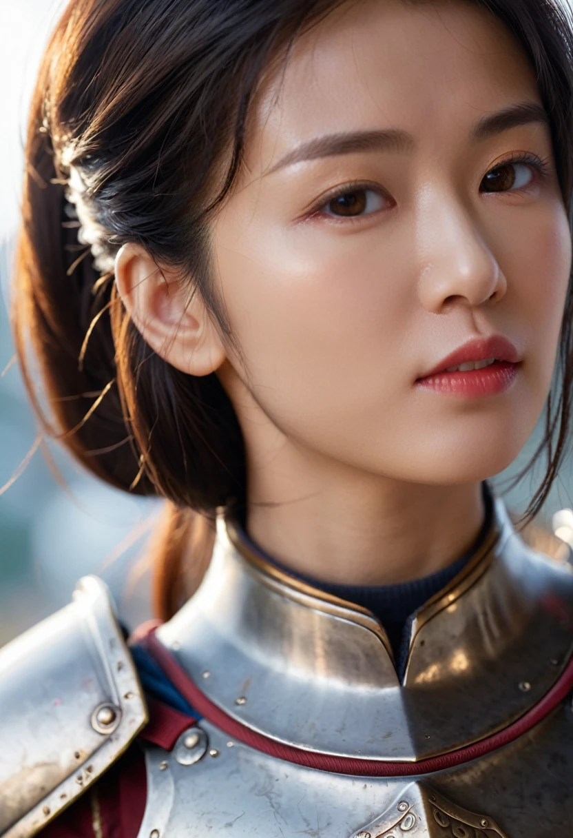 Close-up of a woman in armor, Medium Close-up ( micro ), 8k come back bokeh, Vojtek Fuss, ig model | come back, Lostrun 8k, by ruan jia and stanley come back, Jason Chan, cinematic. Ren Jun, Jan J, Yanjun Chent