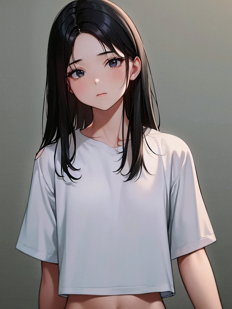(8K, RAW photograph, Highest quality, masterpiece:1.3),(Genuine,photograph:1.37),(Black Hair),Pause,One girl,Very beautiful face,cute,(small),(Hands down))),Poggy Hairstyle,Random representation,(White T-shirt),JK_style,(Track Shorts) ,Black Hair,(19 years old),moderate,Five Fingers,Normal hand,small Mouth,Straight hair
