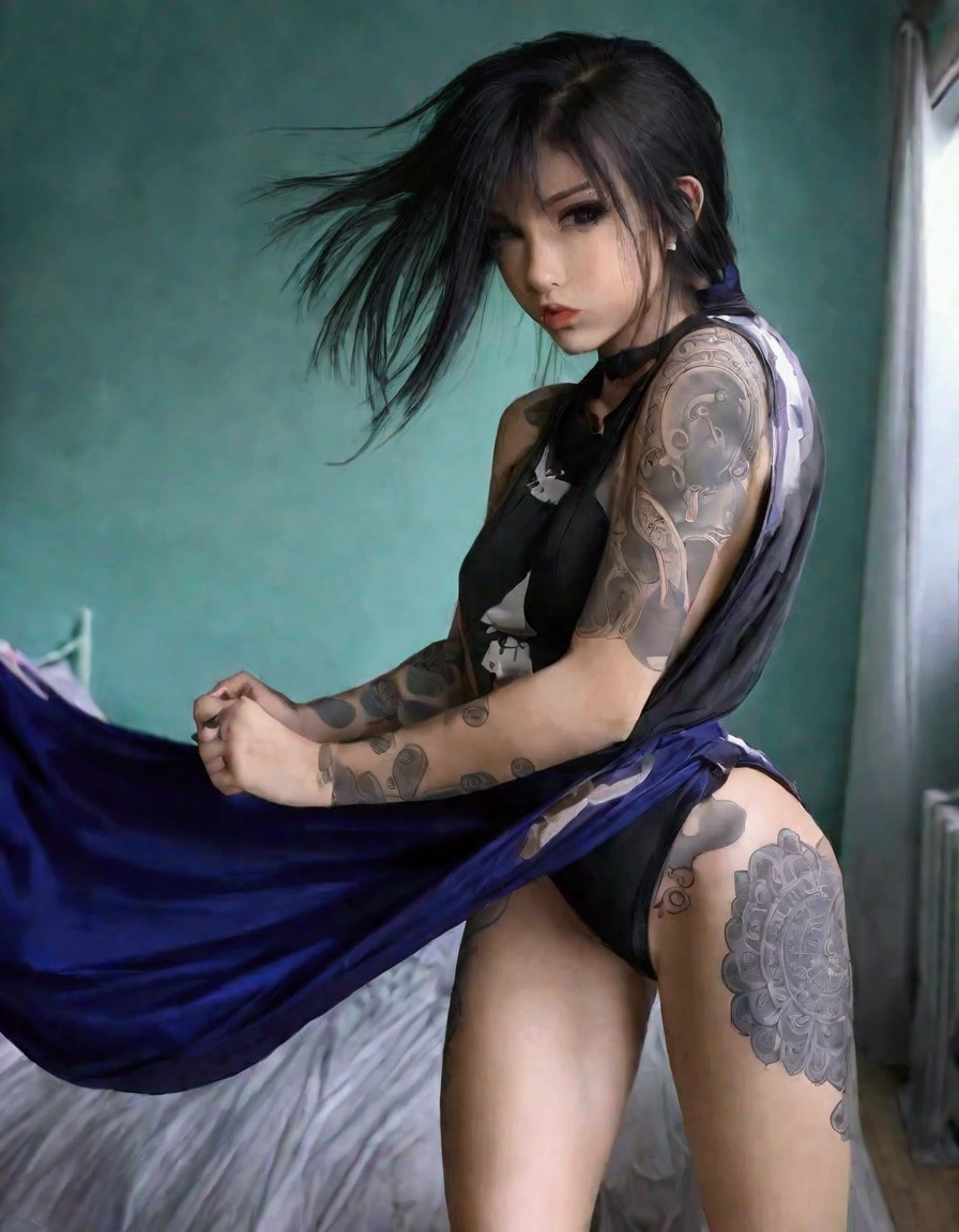 A cute woman (sexy small outfit, tattoos) in a rock music video, pouting, sexy pose near a bedroom, a fan makes a strong wind blowing her hair (show her from head to toe, show all of her)
