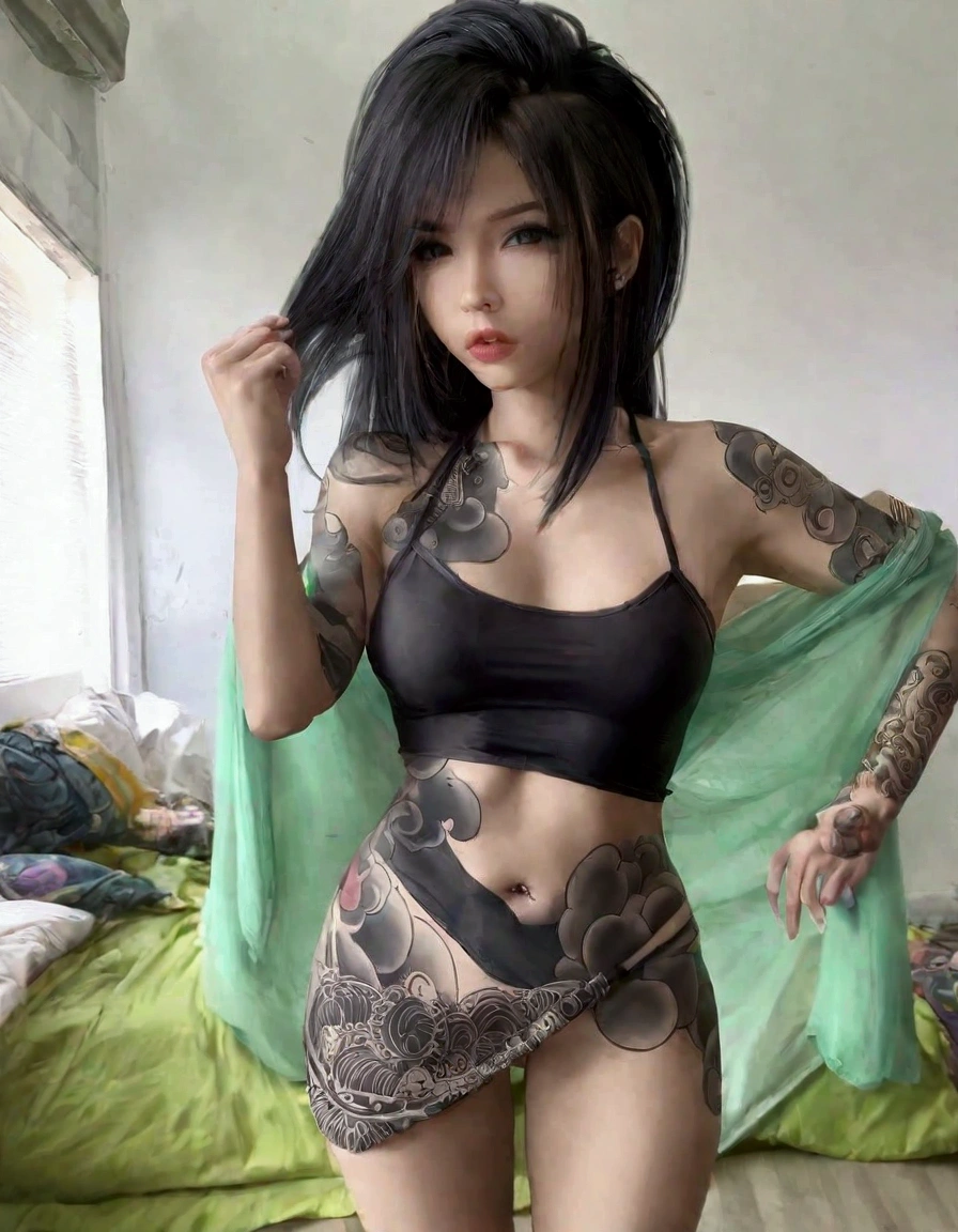 A cute woman (sexy small outfit, tattoos) in a rock music video, pouting, sexy pose near a bedroom, a fan makes a strong wind blowing her hair (show her from head to toe, show all of her)