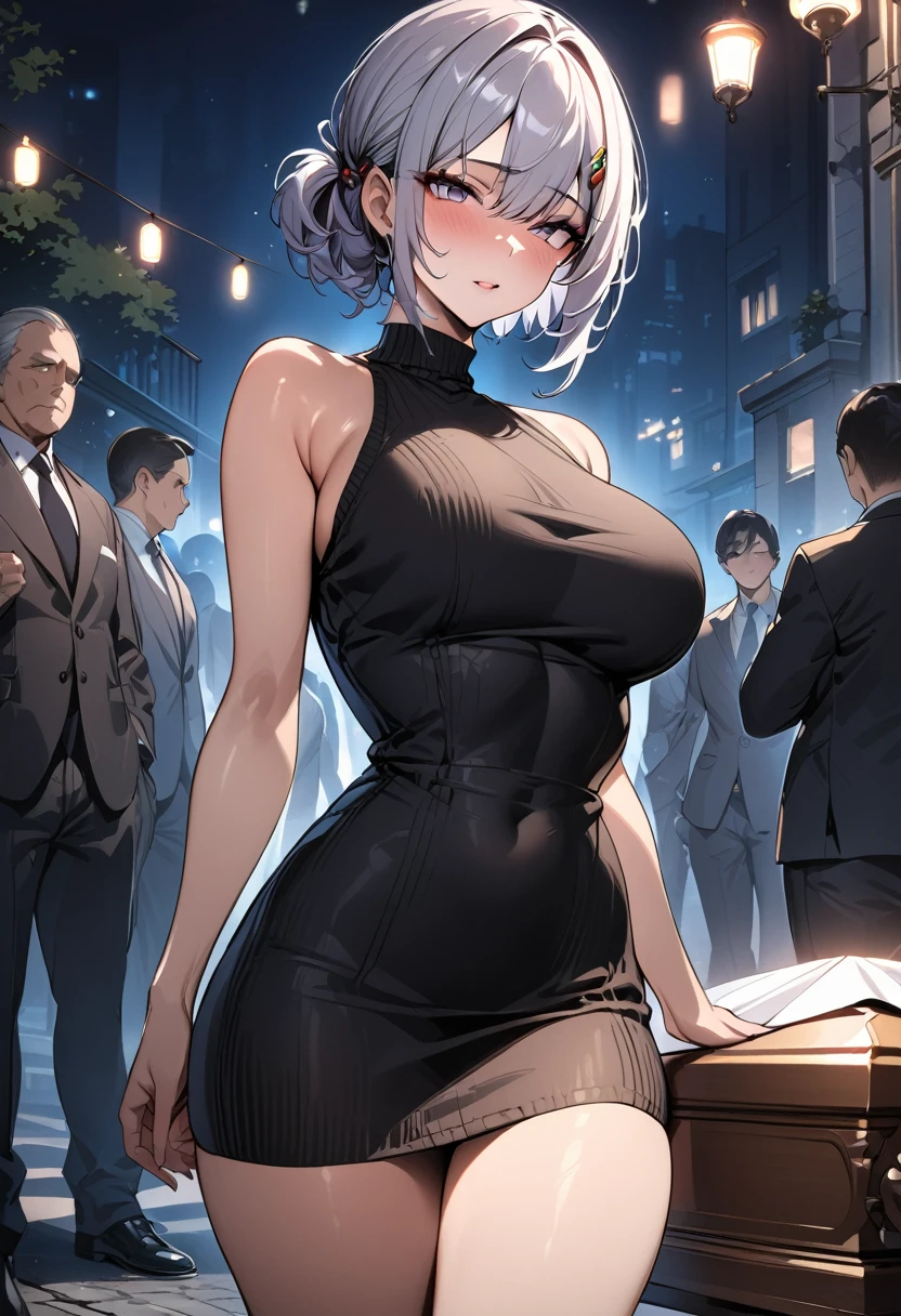 masterpiece, Highest quality, High resolution, His funeral, short hair, Hair Clip, Large Breasts, Sweater dress, No sleeve, night, street, Are standing, Cowboy Shot,