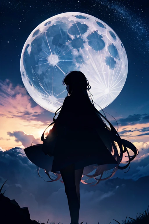 Highest quality,Big moon and shadow,A silhouette of a person can be seen against the backdrop of a large moon.,There is one full moon,There is a mood,Beautiful scenery,Starry Sky