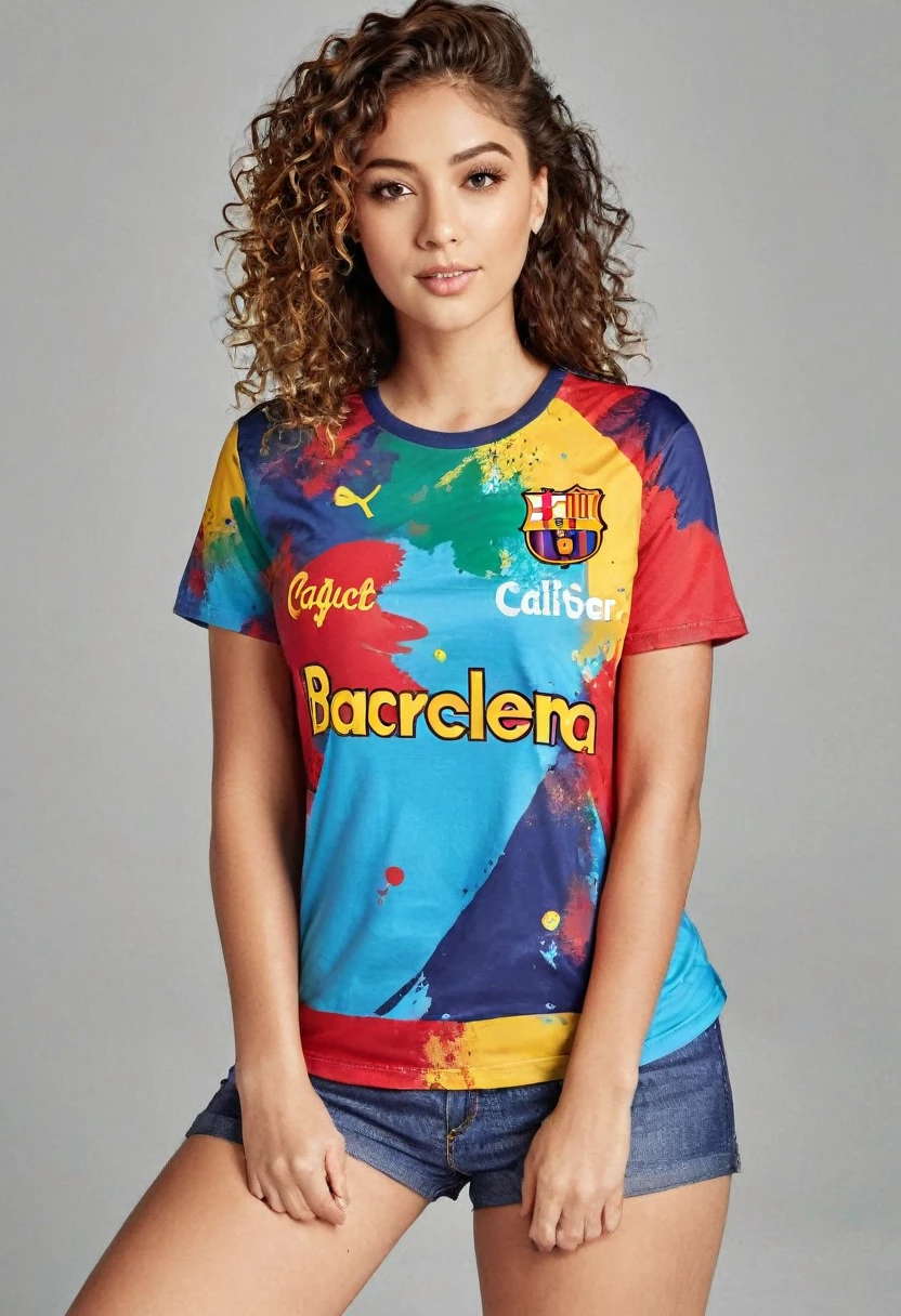 Uma camiseta com arte vetorial de uma ilustração colorida com galo de Barcelona e com texto"Barcelona", At the center, swirly vibrant colors, paint splashes and smears, high détail, t-shirt designs
(work of art, best qualityer, proffesional, perfect composition, very aesthetic, absurdrez, super verbose, details Intricate:1.3)