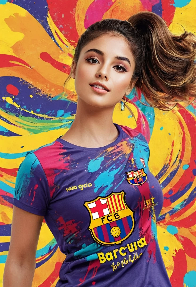 Uma camiseta com arte vetorial de uma ilustração colorida com galo de Barcelona e com texto"Barcelona", At the center, swirly vibrant colors, paint splashes and smears, high détail, t-shirt designs
(work of art, best qualityer, proffesional, perfect composition, very aesthetic, absurdrez, super verbose, details Intricate:1.3)