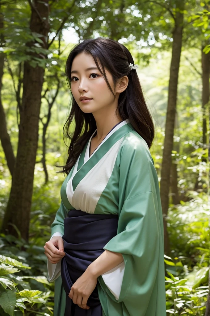 In the tranquil forest、woman in kimono、She looks young, but also looks middle-aged.